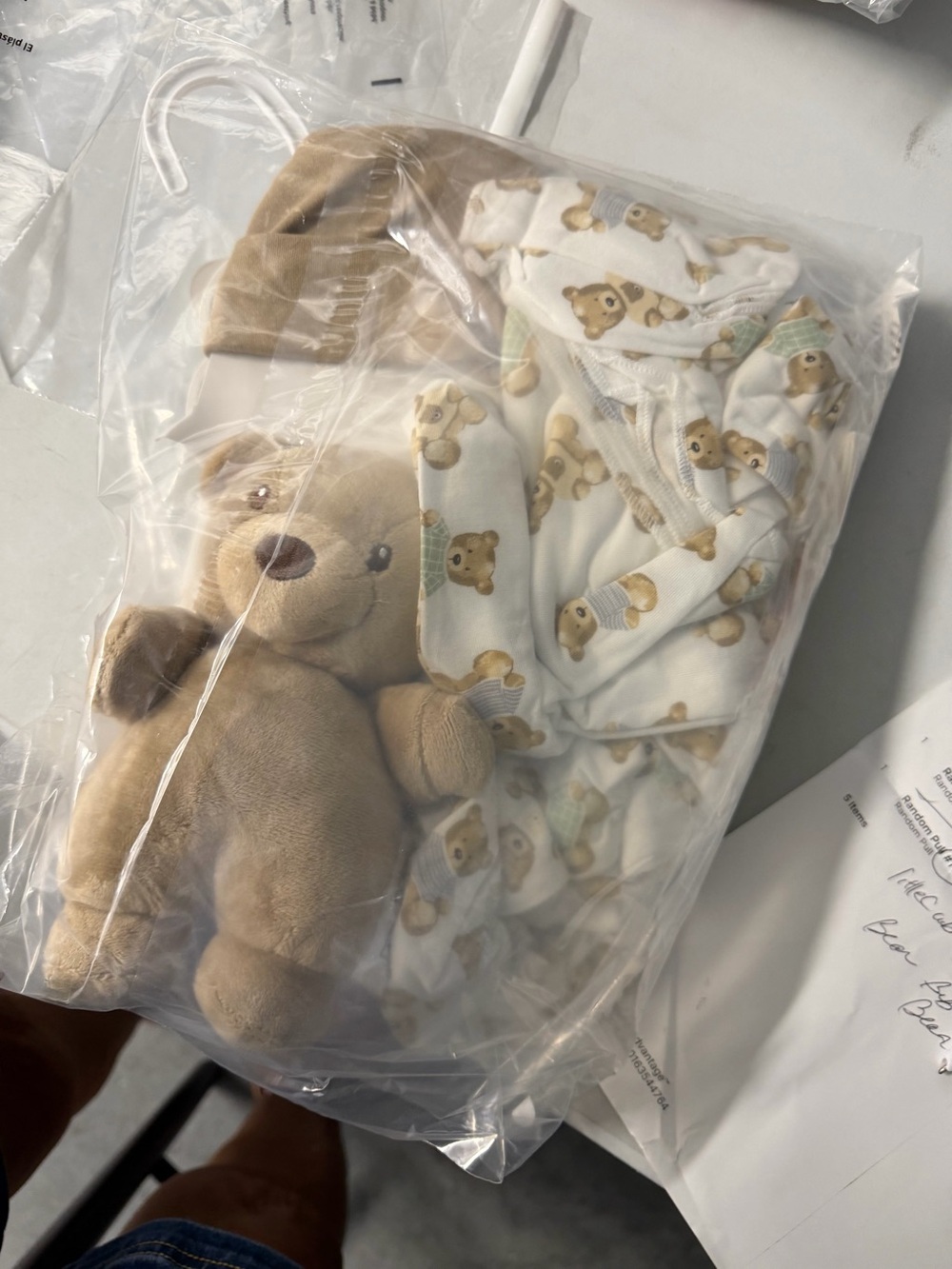 Size 9 month five piece baby set bear MOTIF pajama rattle hat, new with tags